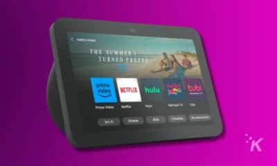 Image of an echo show 8 displayed over a purple background