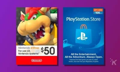 This image is showing a gift card for $100 usd for the playstation store and $50 for the nintendo eshop, which can be used to purchase games, movies, and more for a nintendo system. Full text: gift card $100 usd playstation store tm nintendo eshop $50 for use on nintendo systems* all the entertainment. All the adventure. Always open. Download the latest games and add-ons, watch fk nintendo® movies, and more from your playstation 4 system.