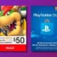 This image is showing a gift card for $100 usd for the playstation store and $50 for the nintendo eshop, which can be used to purchase games, movies, and more for a nintendo system. Full text: gift card $100 usd playstation store tm nintendo eshop $50 for use on nintendo systems* all the entertainment. All the adventure. Always open. Download the latest games and add-ons, watch fk nintendo® movies, and more from your playstation 4 system.