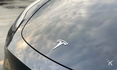 Tesla badge on model 3 with full self-driving