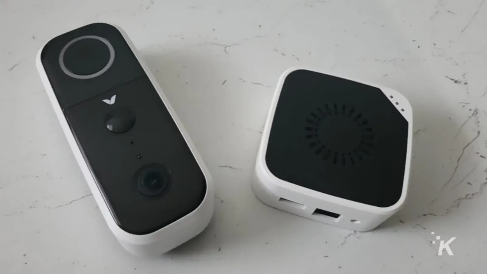 review: abode wireless video doorbell Adobe video doorbell on white counter