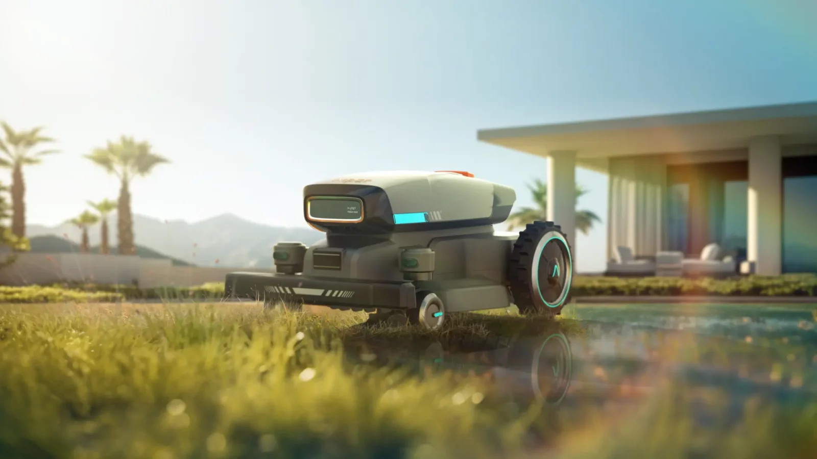 ces 2024 unveils next-gen robotic lawnmowers, boundaries not included Aiper horizon u1 robotic lawn mower mowing the lawn in front of a modern house