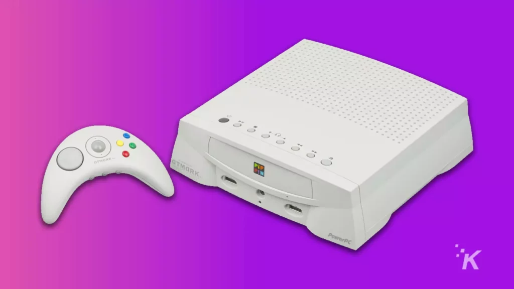 is apple working on a game console? Apple pippin game console on purple background