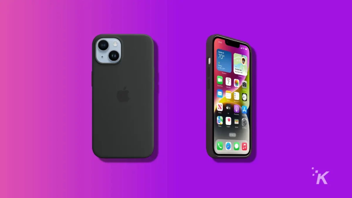 the best iphone 14 cases (2024) Apple silicone mage safe case on a purple knowtechie background