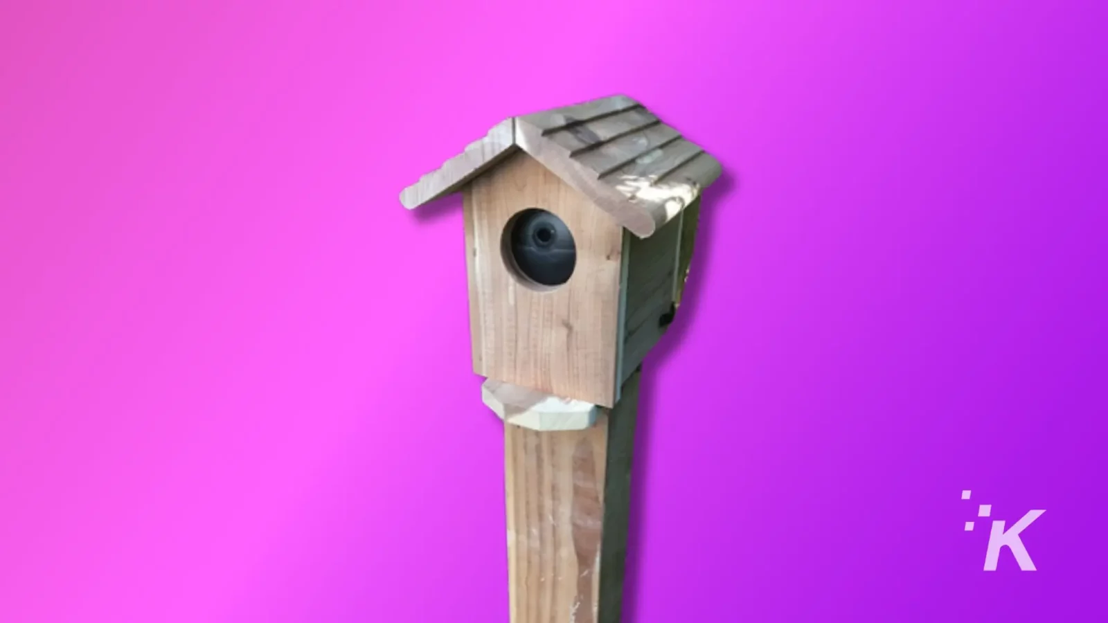 top 5 places to hide a wyze camera on your property A wooden birdhouse on a post with a surveillance camera lens, against a vivid pink background, blending nature with technology.