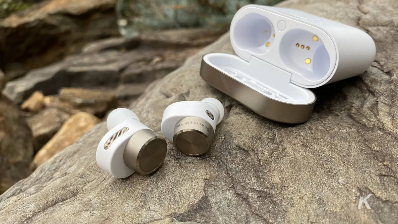 the best wireless earbuds (2024) Bowers and wilkins pi7 earbuds on a rock