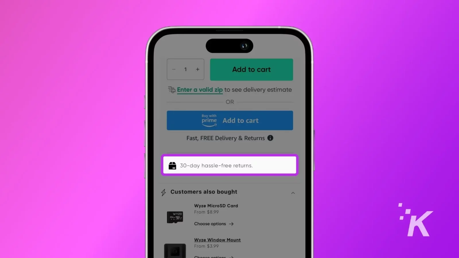 how to fix a wyze camera making noise A smartphone displaying an wyze camera app interface with options to "add to cart" and information about "30-day hassle-free returns" against a purple background.