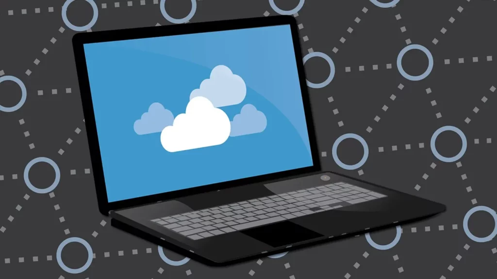 what is end-to-end encryption? Laptop computer with clouds illustrations