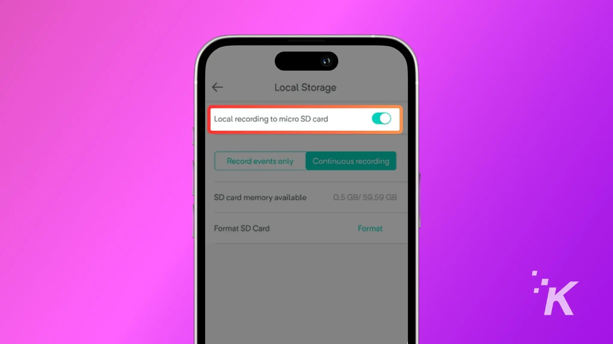 how to fix a wyze cam not recording to its microsd card A smartphone screen displaying a "local storage" settings menu, with an option for "local recording to micro sd card" toggled on, against a pink background.