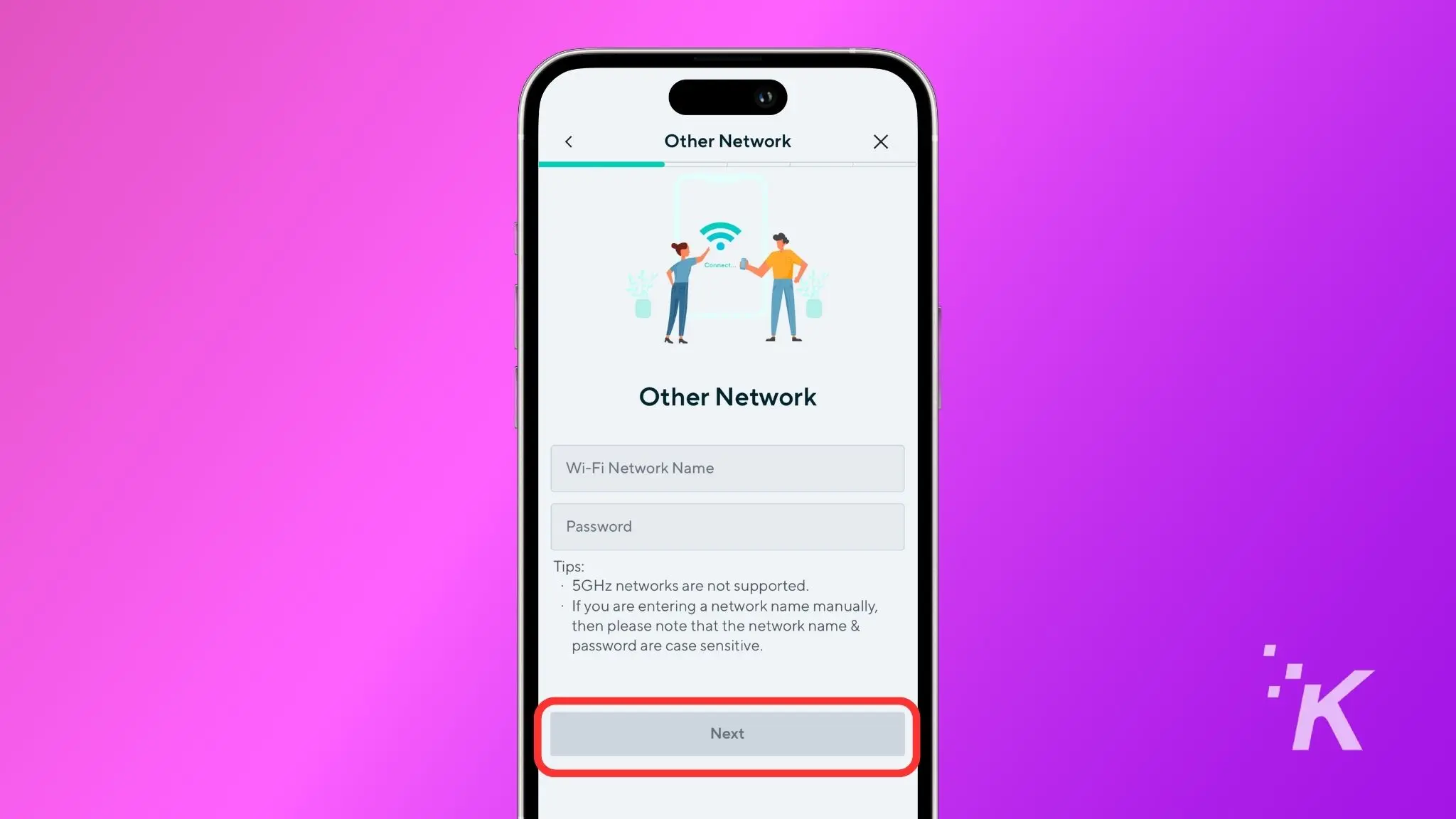 how to connect a wyze camera to wi-fi A smartphone screen displaying a wi-fi setup page titled "other network" against a pink background, with illustration of two people sharing a wi-fi connection.
