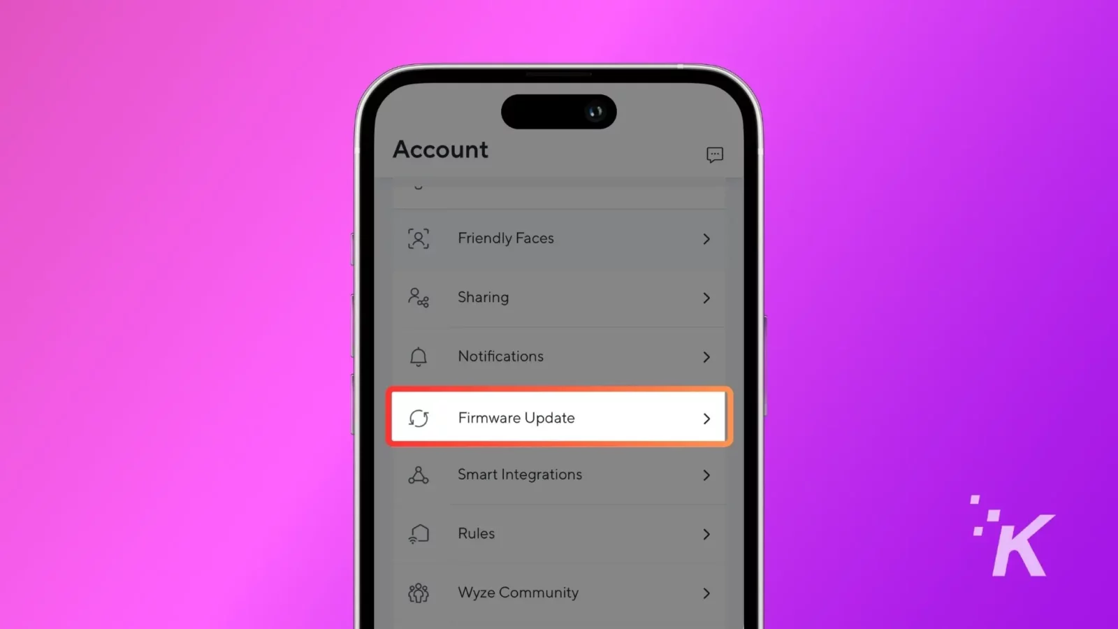 how to fix a wyze cam not recording to its microsd card A smartphone screen displaying an account settings menu with options like friendly faces and firmware update highlighted in an orange rectangle against a purple background.