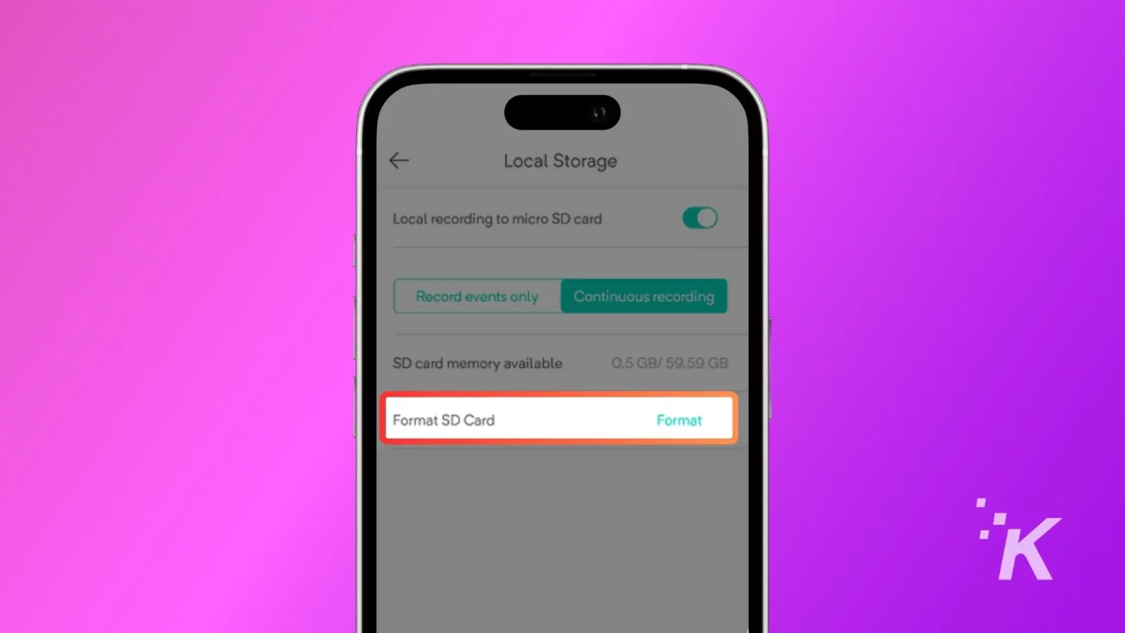 how to fix a wyze cam not recording to its microsd card Smartphone on a purple background showing a settings screen for local storage. An option to format an sd card is highlighted with a format button.