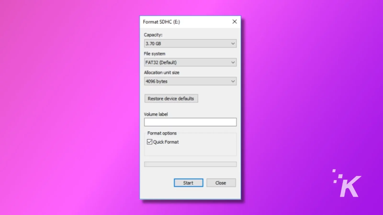 how to fix a wyze cam not recording to its microsd card An on-screen dialog labeled "format sdhc (e:)" with options for capacity, file system, unit size, volume label, and quick format on a purple background.