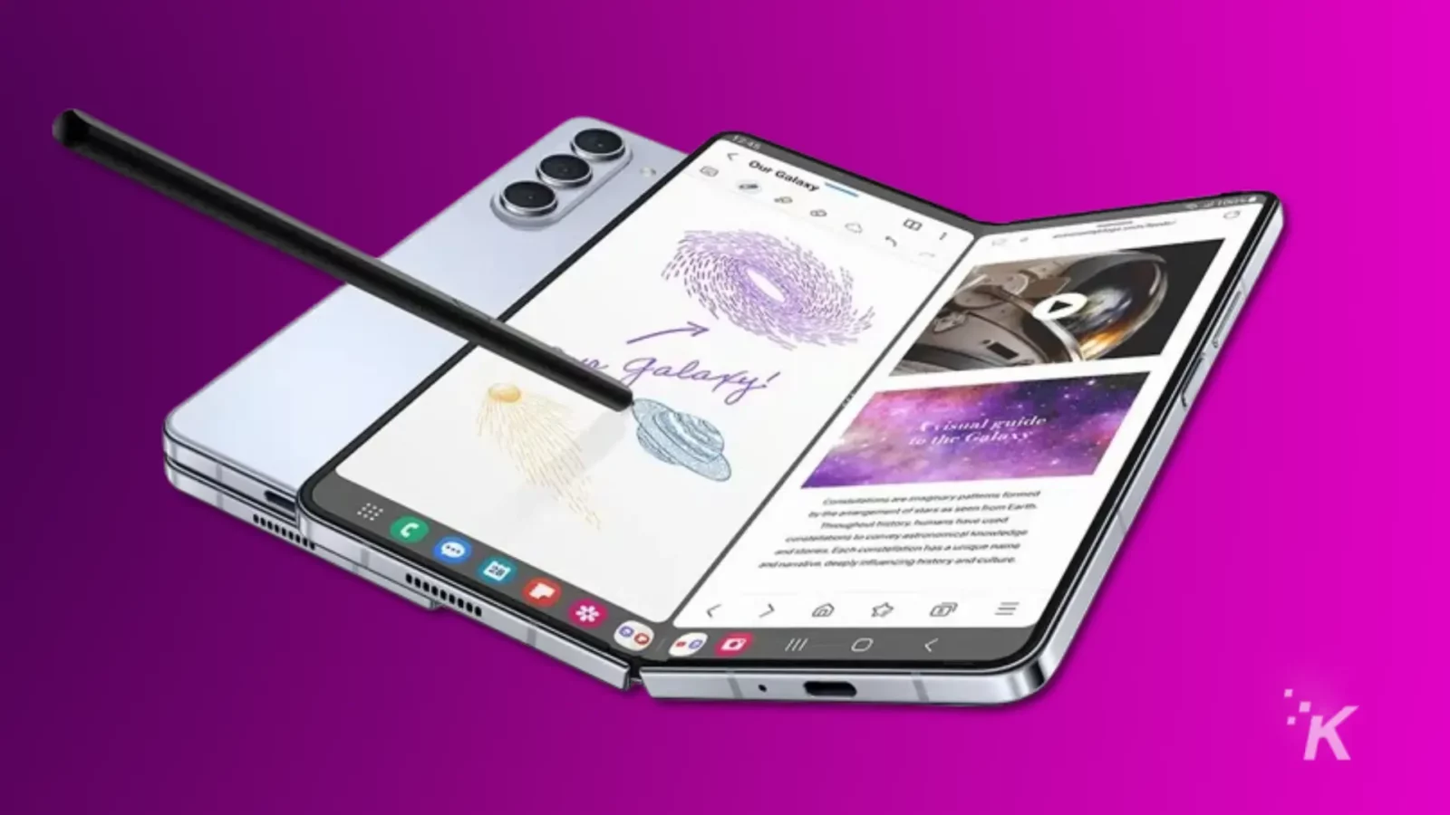 galaxy z fold 5 vs oneplus open: competition is good Render of the samsung galaxy z fold 5 and s pen stylus on a purple background