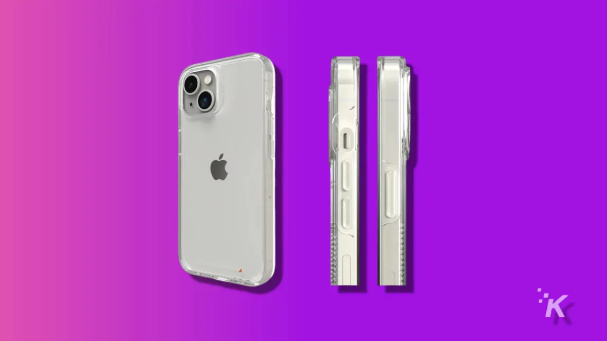 the best iphone 14 cases (2024) Gear4 crystal palace clear case on a purple knowtechie background