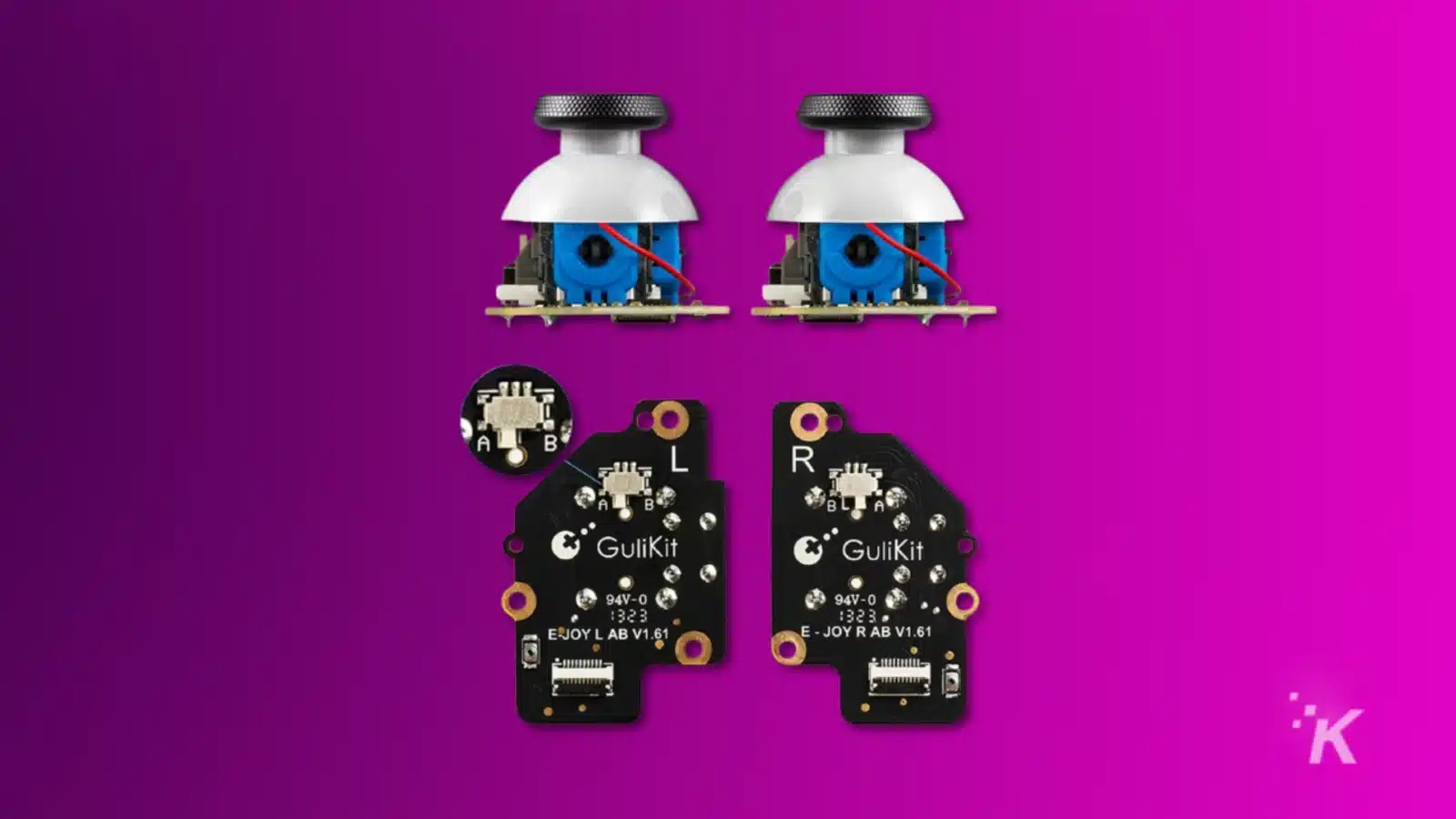 the best steam deck accessories (2024) The image shows electronic parts on a purple background, including two joystick modules and two black circuit boards labeled "gulikit" with various components.