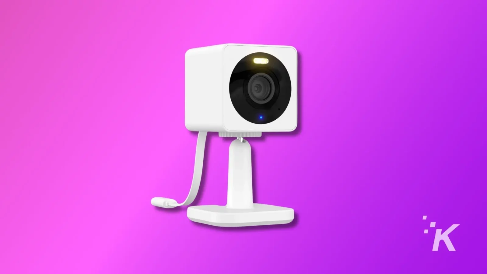 how to fix a wyze camera making noise This is a stylized graphic of a white web camera with a prominent lens, mounted on a stand, against a vibrant purple background.