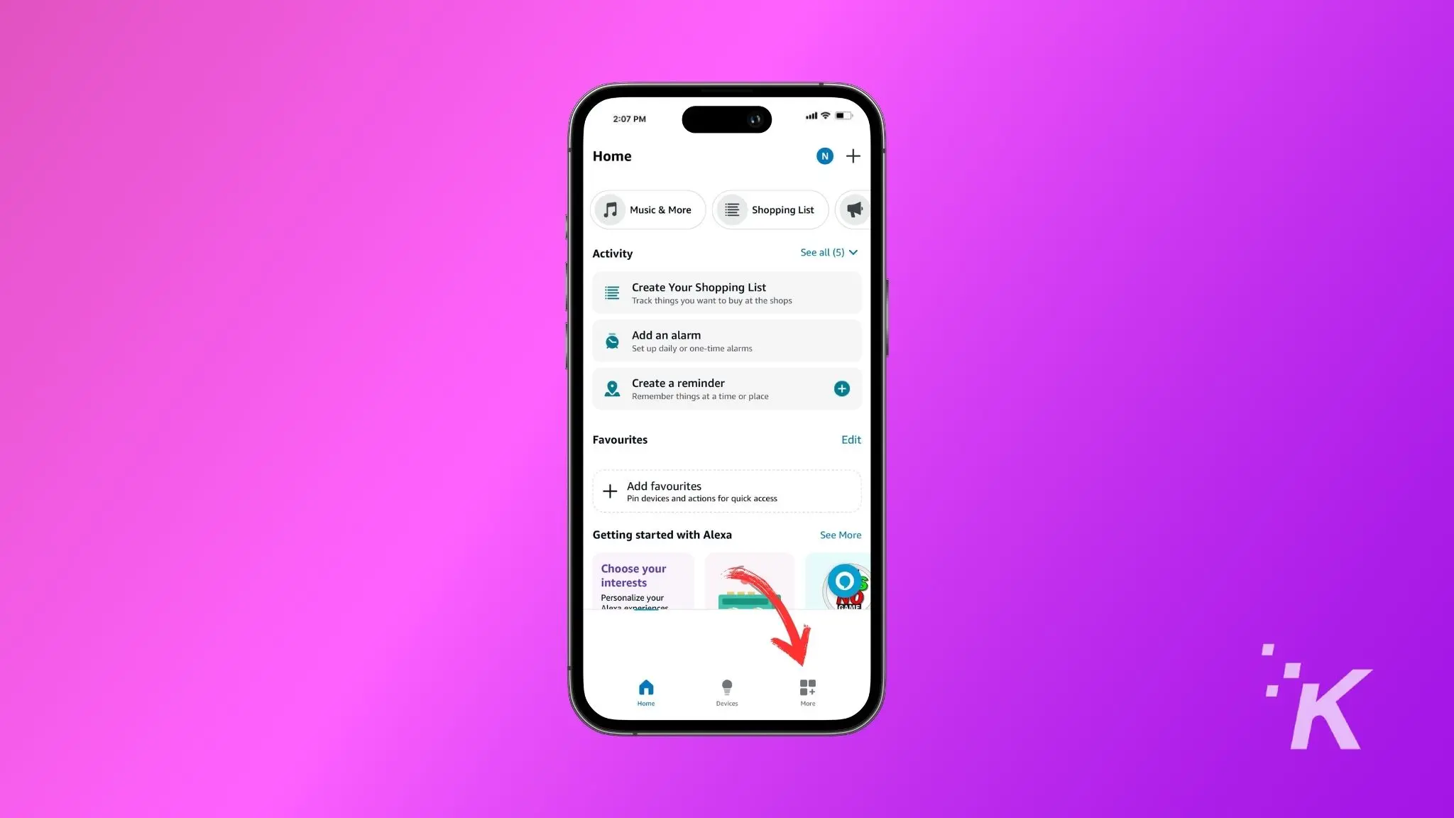 how to view a ring doorbell on tv Red arrow pointing to more button on alexa app interface