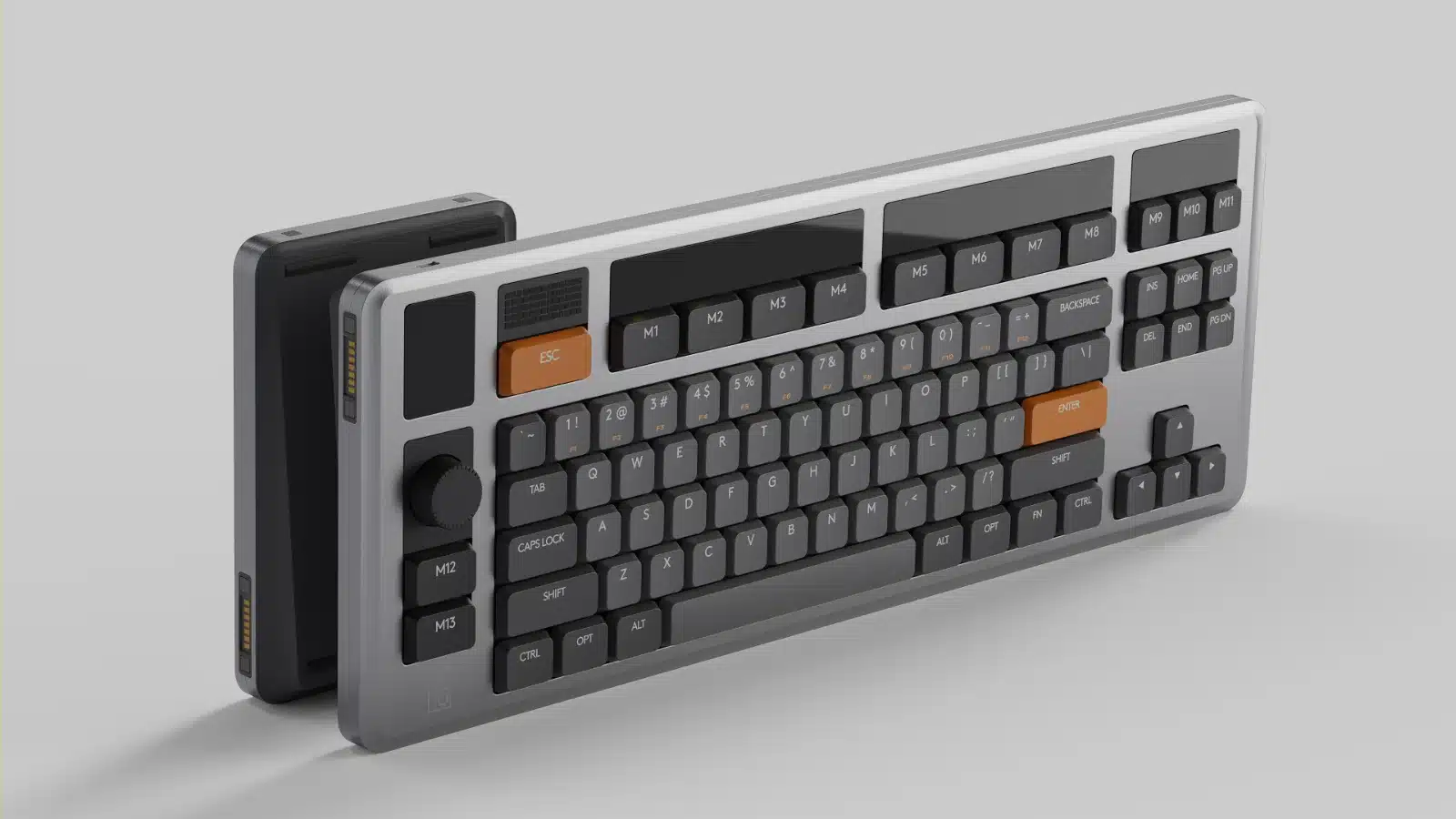 11 great crowdfunding campaigns to check out in november The image shows a modern, detailed mechanical keyboard with customizable keys and a rotary encoder, rendered in a 3d graphics environment.