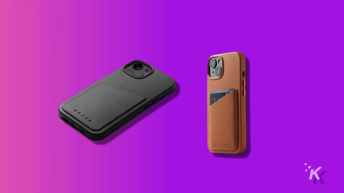 the best iphone 14 cases (2024) Mujjo full leather wallet case on a purple knowtechie background