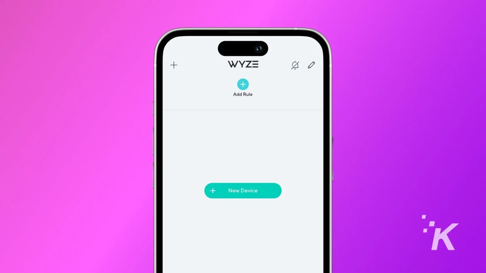 how to transfer a wyze camera to a new owner A smartphone displaying the wyze app interface with options to add a rule or a new device, against a vivid purple background.
