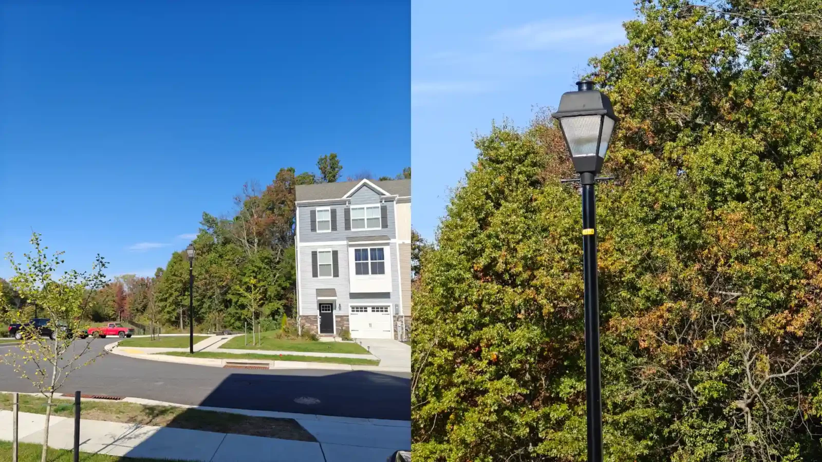 review: oneplus open A residential area with a park, house, tree, and grass-lined road stretches out beneath a cloudy sky.