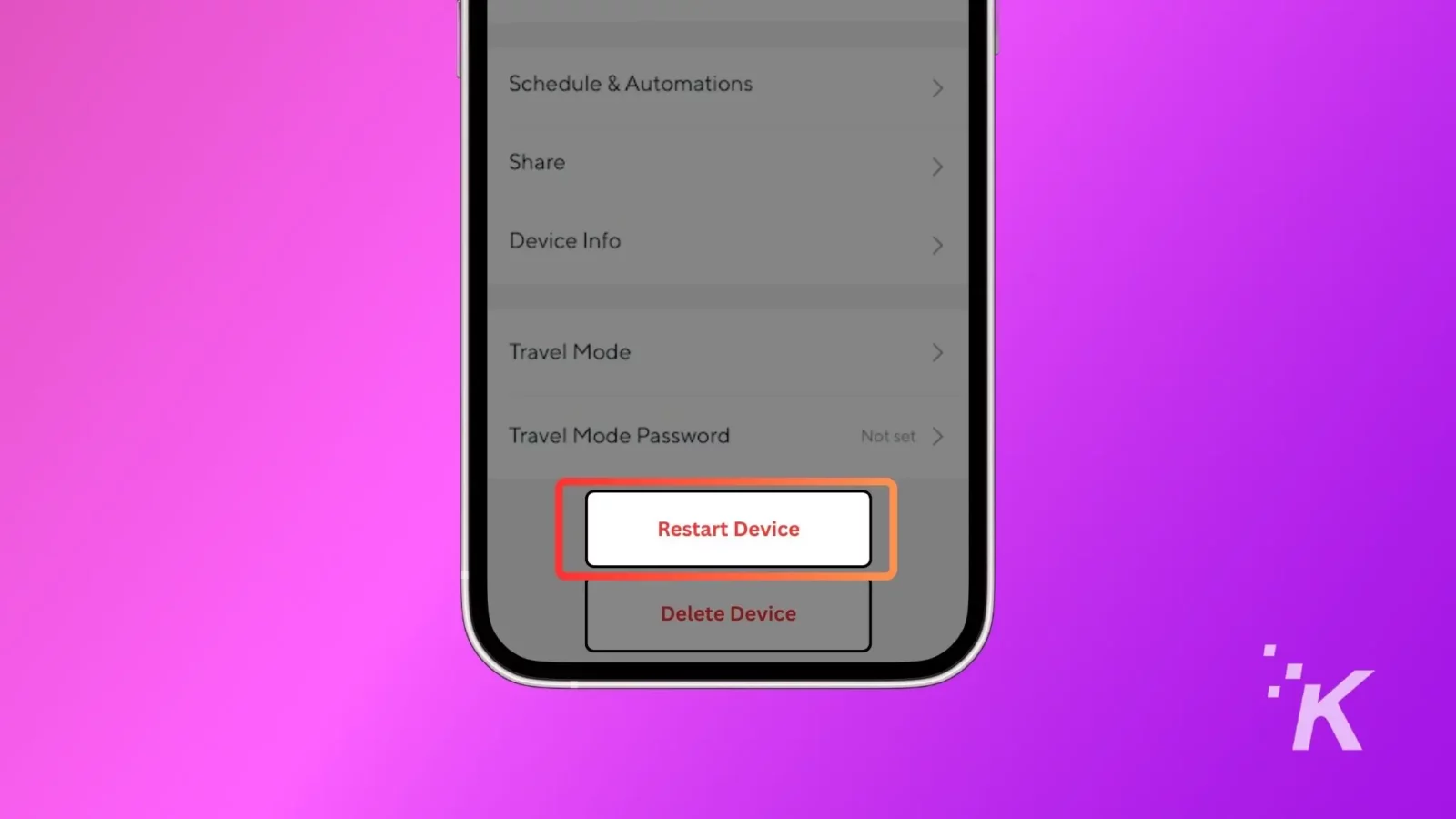 how to fix a wyze cam not recording to its microsd card A smartphone interface displays options; "restart device" is highlighted in red. It sits over a vibrant purple background, suggesting a tech-related theme.