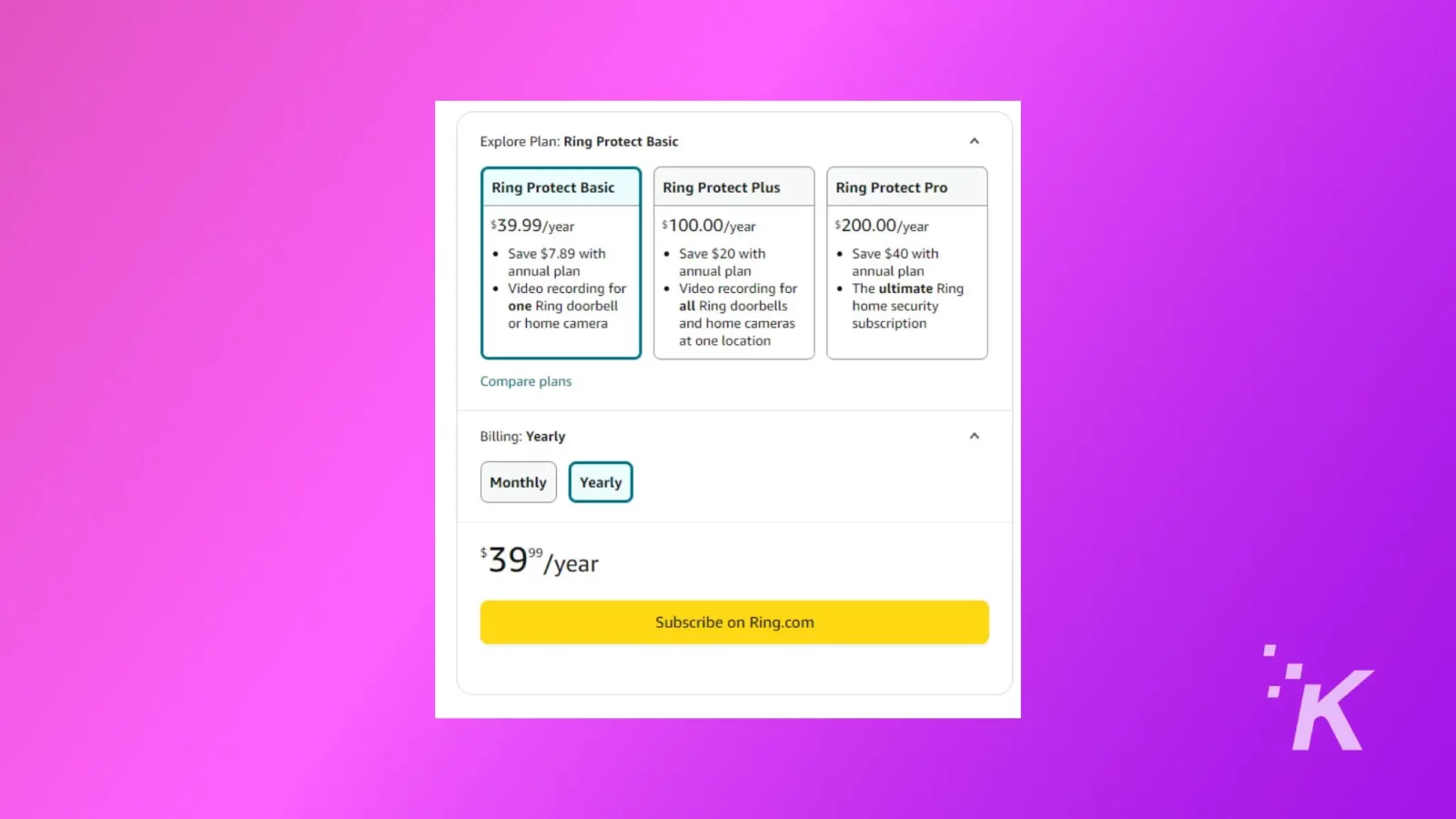 does ring camera work without a subscription? Ring camera subscription plan showing on the purple background