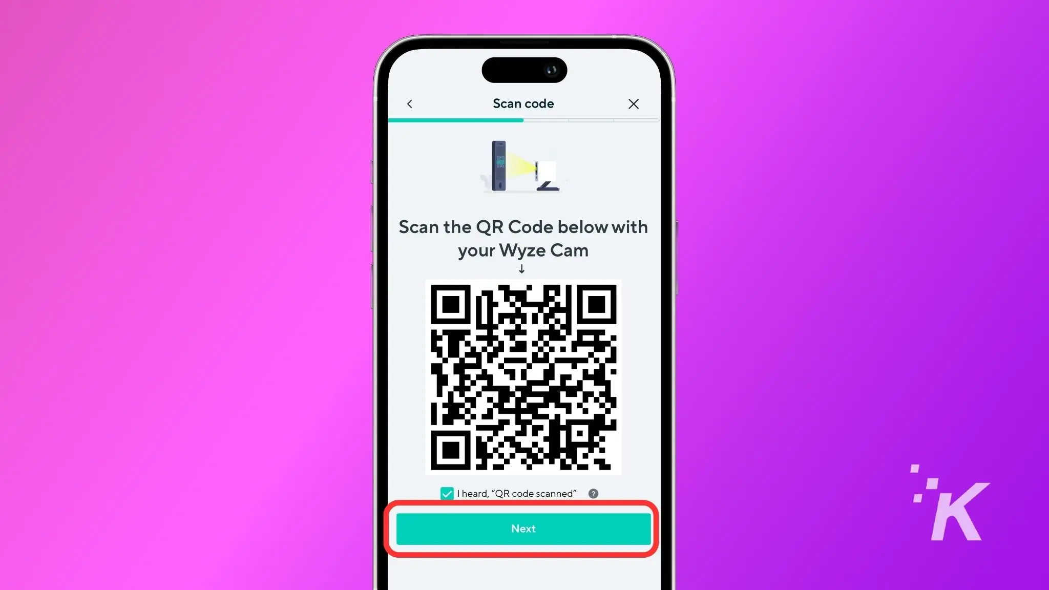 how to connect a wyze camera to wi-fi Smartphone displaying a qr code for setup with a wyze cam, prompting to be scanned. Instructional text and "next" button visible on screen against a purple background.