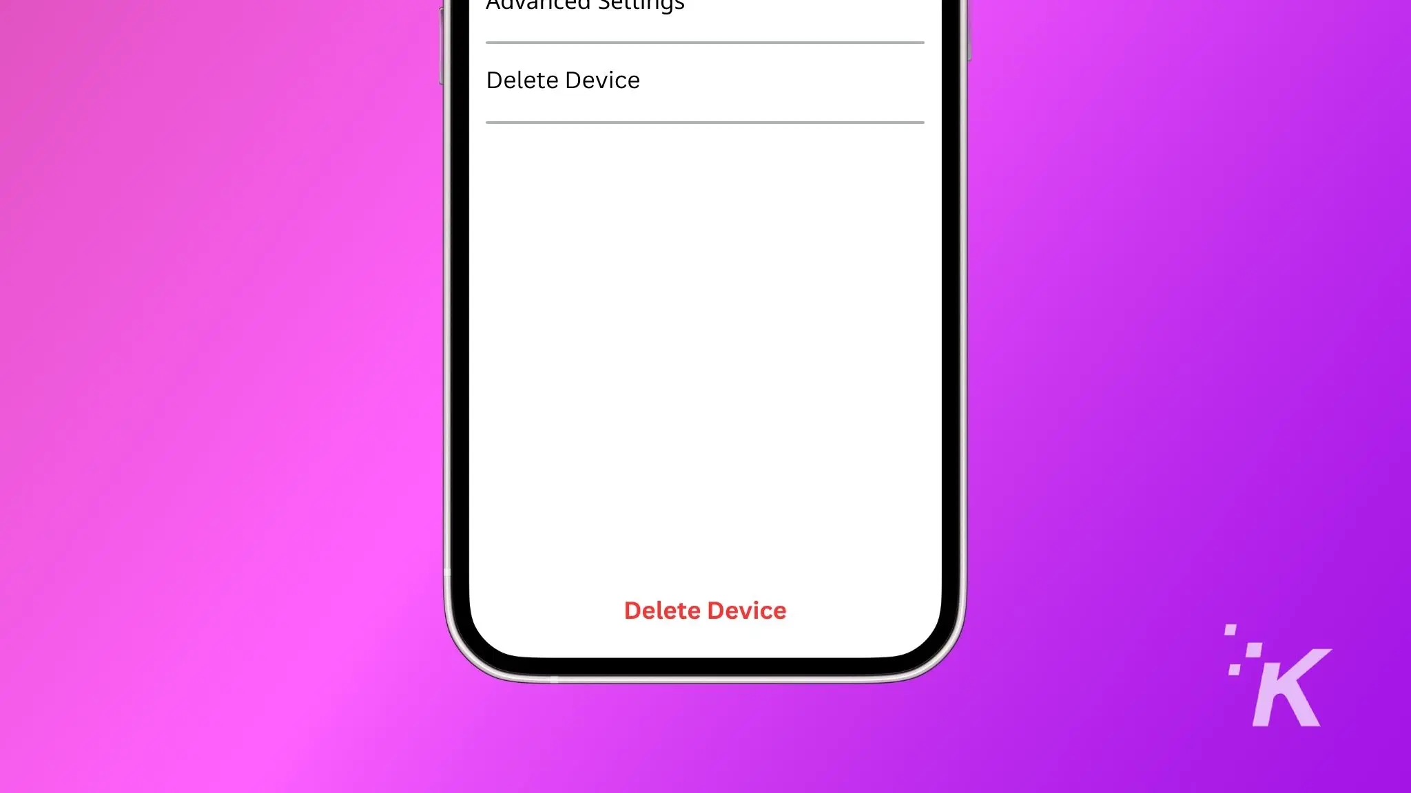 how to connect a wyze camera to wi-fi A smartphone against a purple background displays a settings menu with an option to "delete device". The phone has a black bezel and a notch.