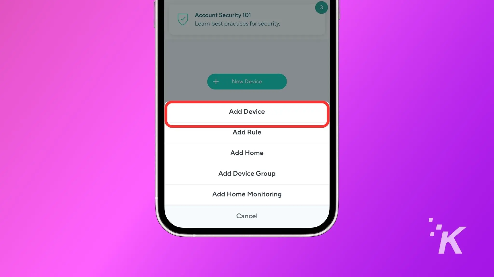 how to connect a wyze camera to wi-fi The image shows a smartphone screen with an open menu for smart device management, highlighting the "add device" option against a purple background.