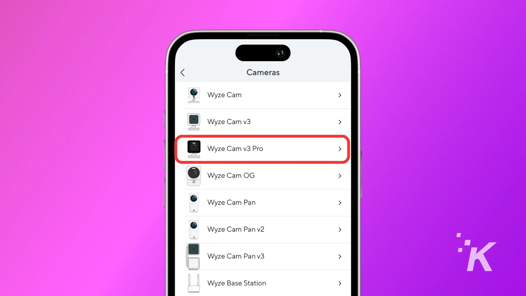 how to connect a wyze camera to wi-fi A smartphone screen displaying a list of cameras in an app with 'wyze cam v3 pro' highlighted in red, against a purple background.