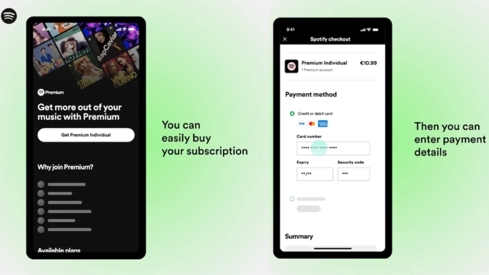 spotify to bring back in-app payments for ios users in the eu Two screenshots of the spotify app showing how the european dma legislation will enable in-app third-party subscriptions