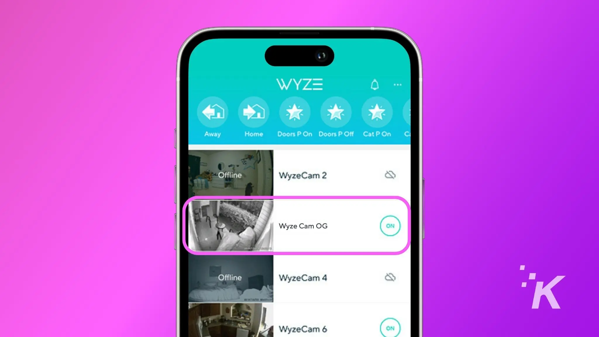 how to connect a wyze camera to wi-fi A smartphone screen displaying the wyze app interface with icons for various security settings and six camera feeds showing different views.