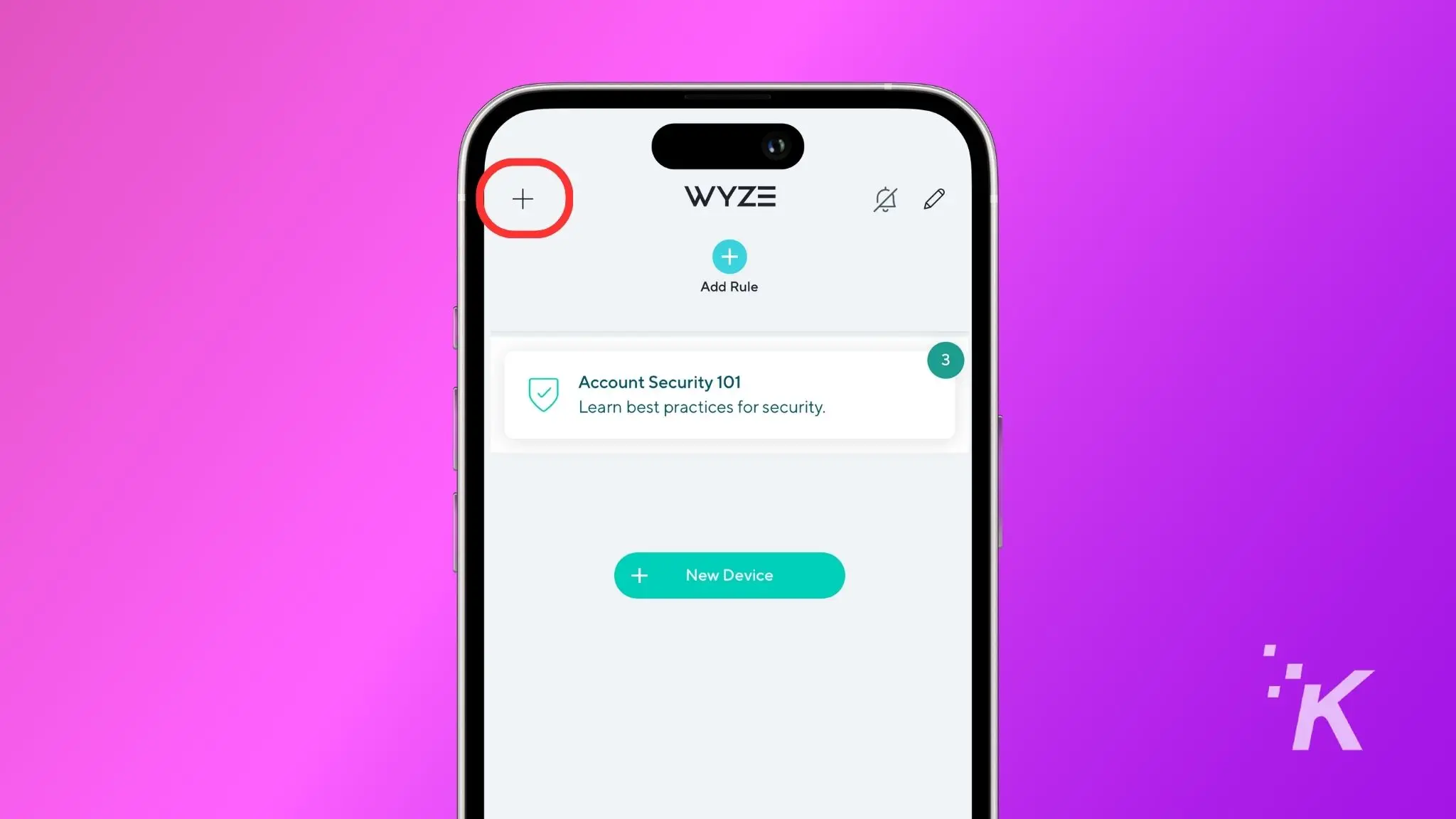 how to connect a wyze camera to wi-fi A smartphone screen displays the wyze app interface with options to add a rule, a new device, and a notice about account security 101 against a purple background.