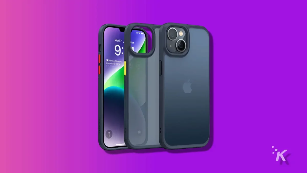 the best iphone 14 cases (2024) Torras guardian shockproof case on a purple knowtechie background
