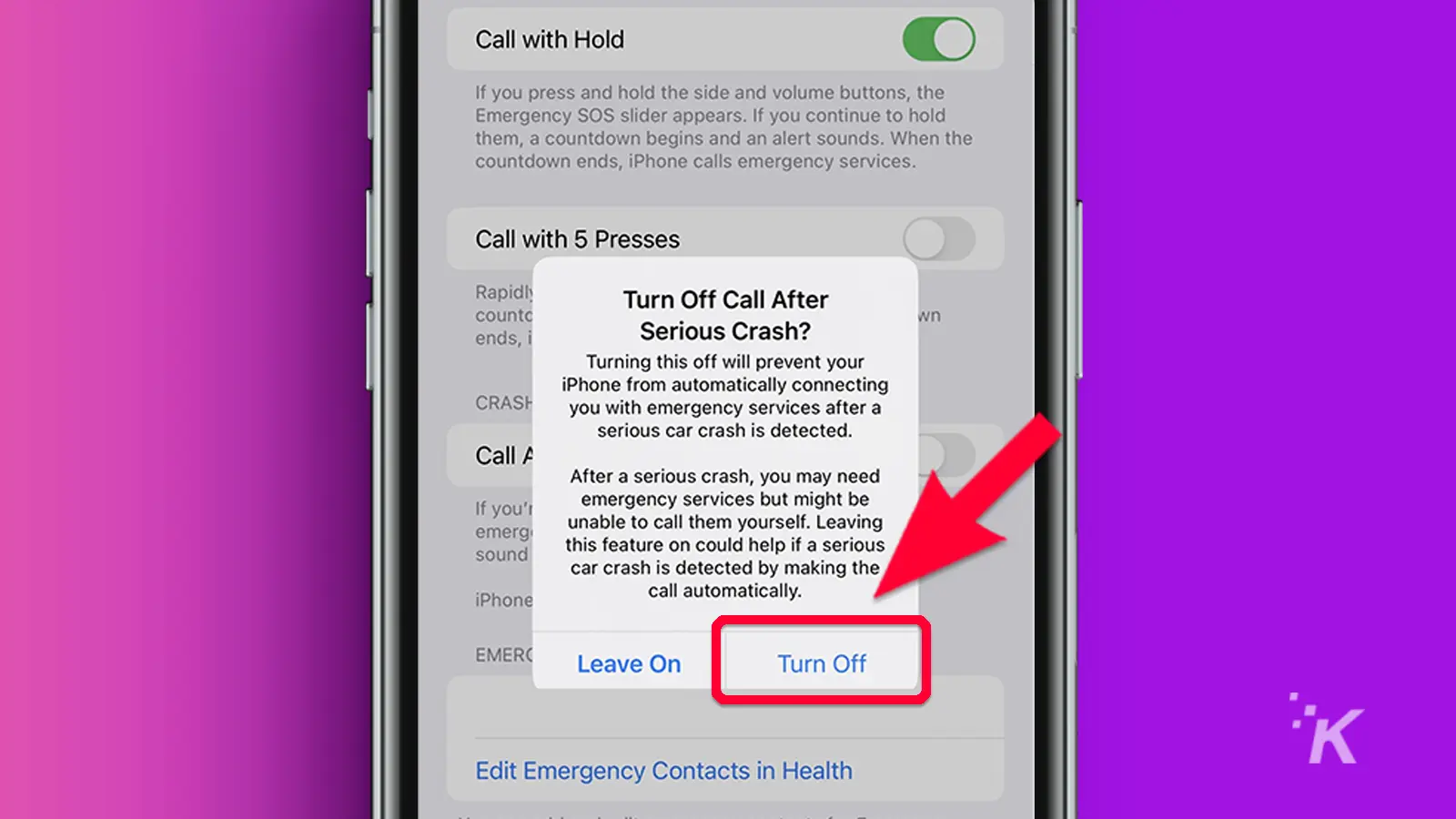 how to disable crash detection on iphone and apple watch Iphone arrow pointing to turn off crash call