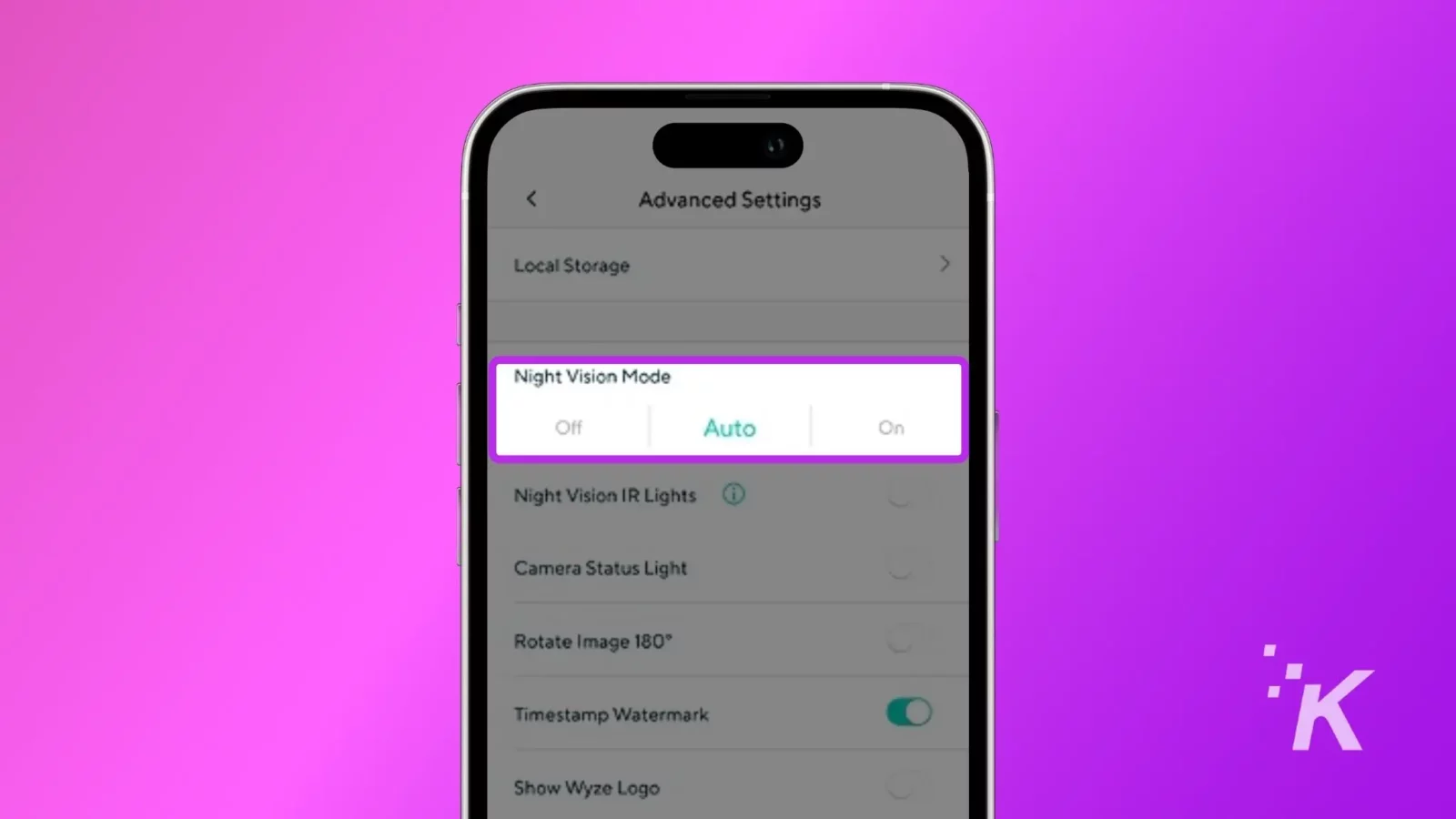 how to fix a wyze camera making noise Smartphone displaying a settings screen for night vision mode, with options 'off,' 'auto,' and 'on' highlighted, against a purple background.