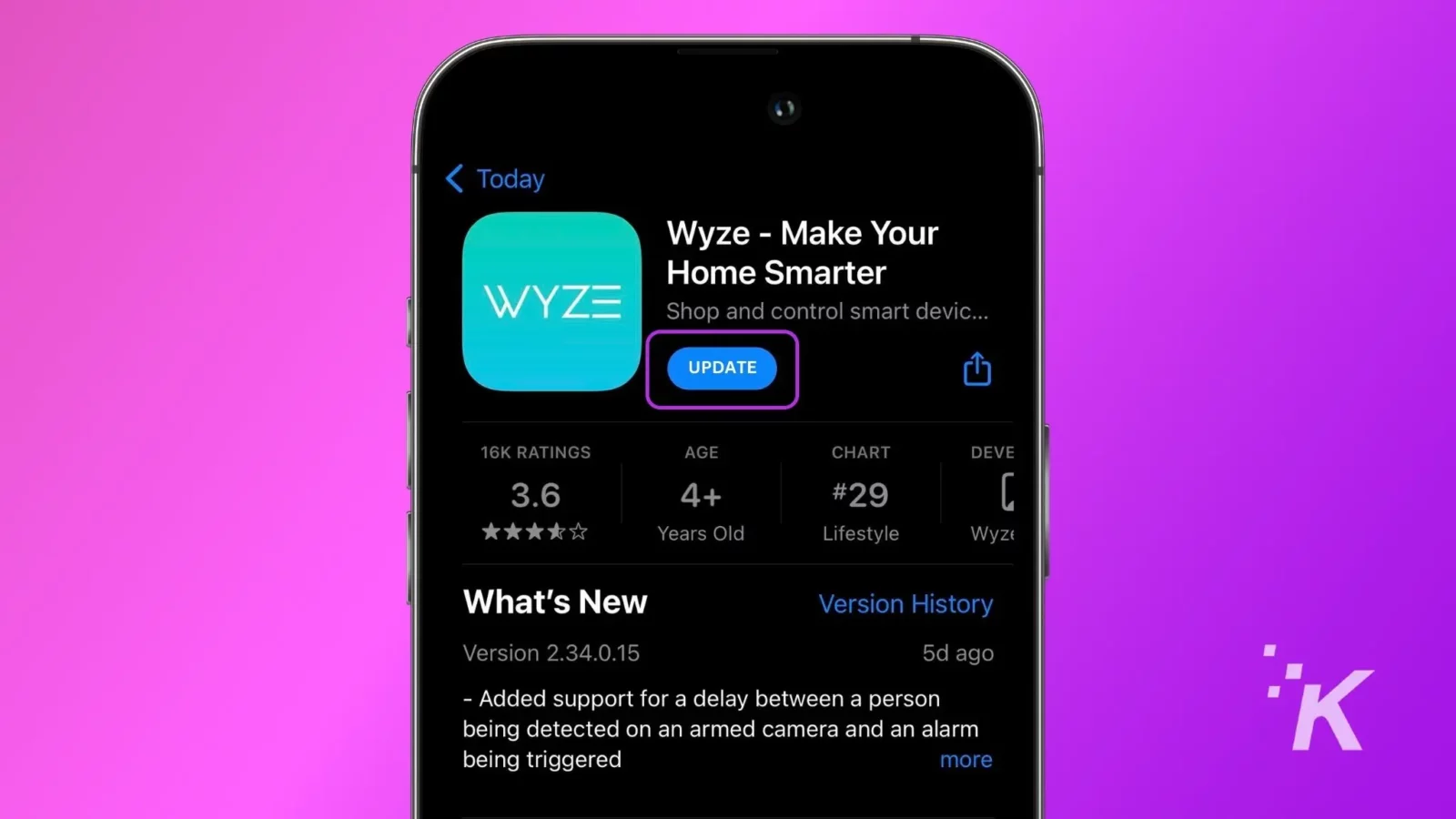 how to fix a wyze cam not recording to its microsd card A smartphone displays the wyze app page with an update button featured. It's set against a vivid pink background with a "k" logo visible.