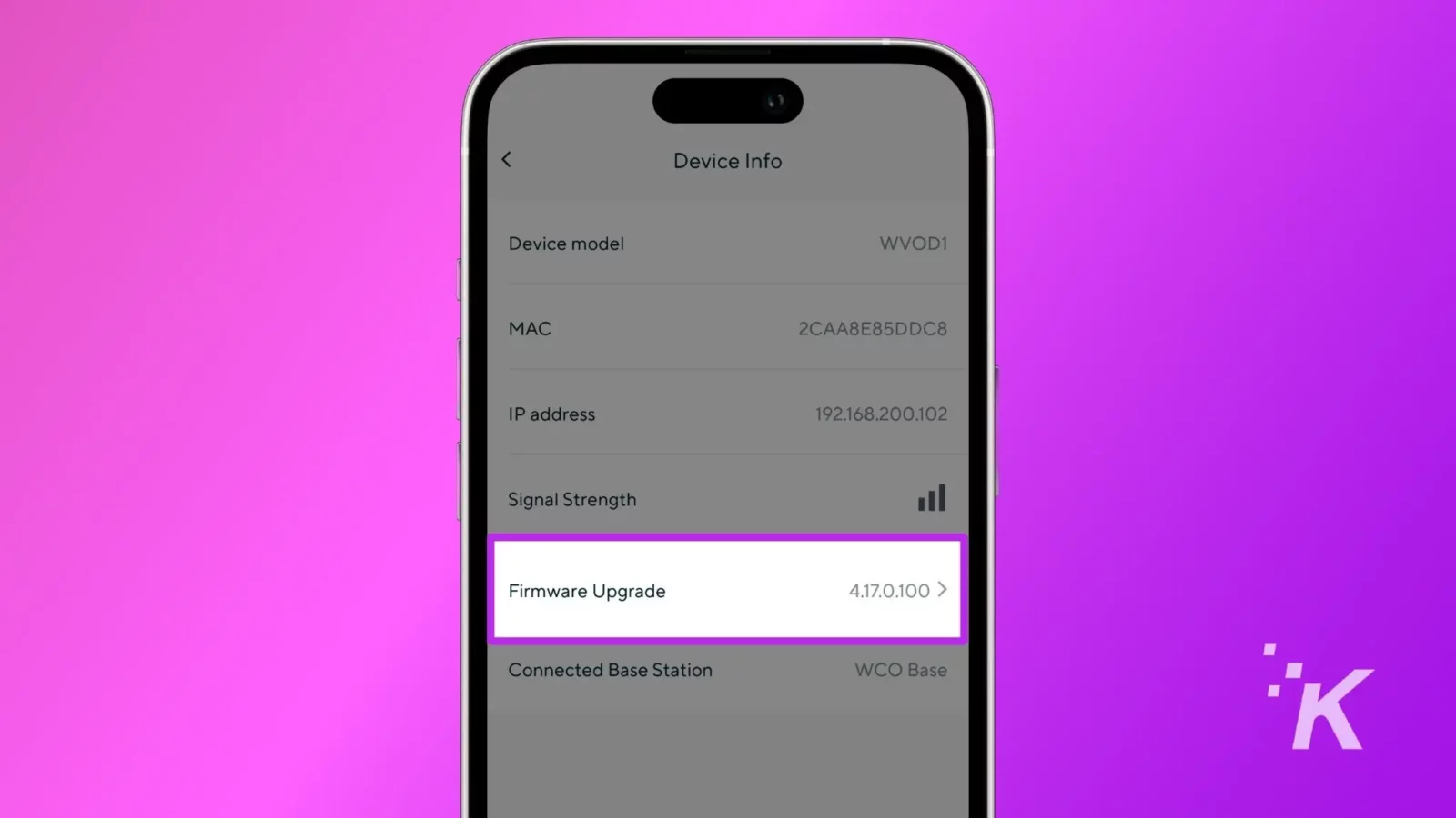 how to fix a wyze camera making noise A smartphone screen displays device information, including model, mac address, ip, signal strength, firmware upgrade version, and connected base station, on a purple background.