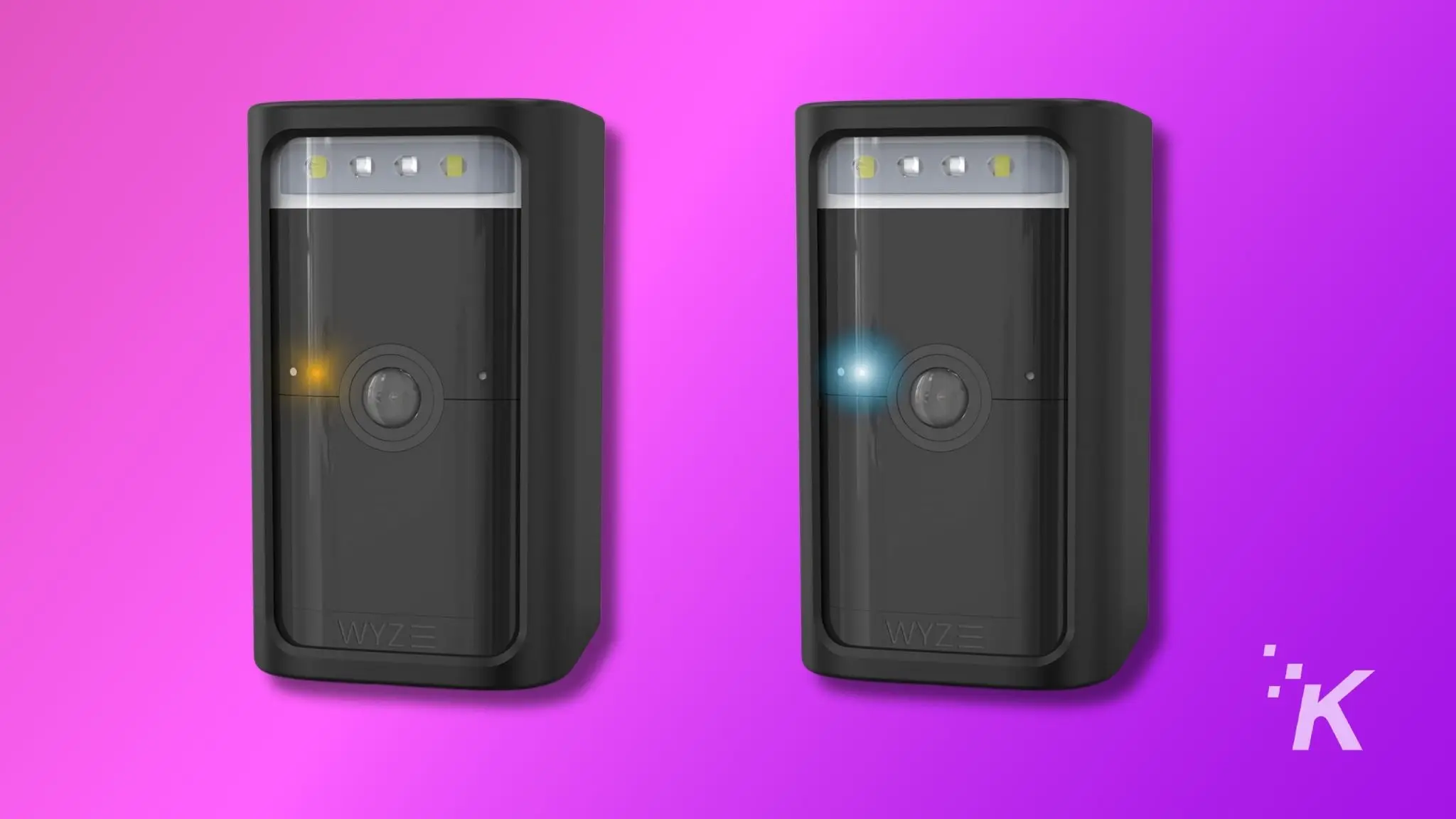 how to factory reset a wyze camera before selling it The image shows two identical black doorbell cameras with led lights on a vibrant purple background; one is illuminated, indicating activation or recording.