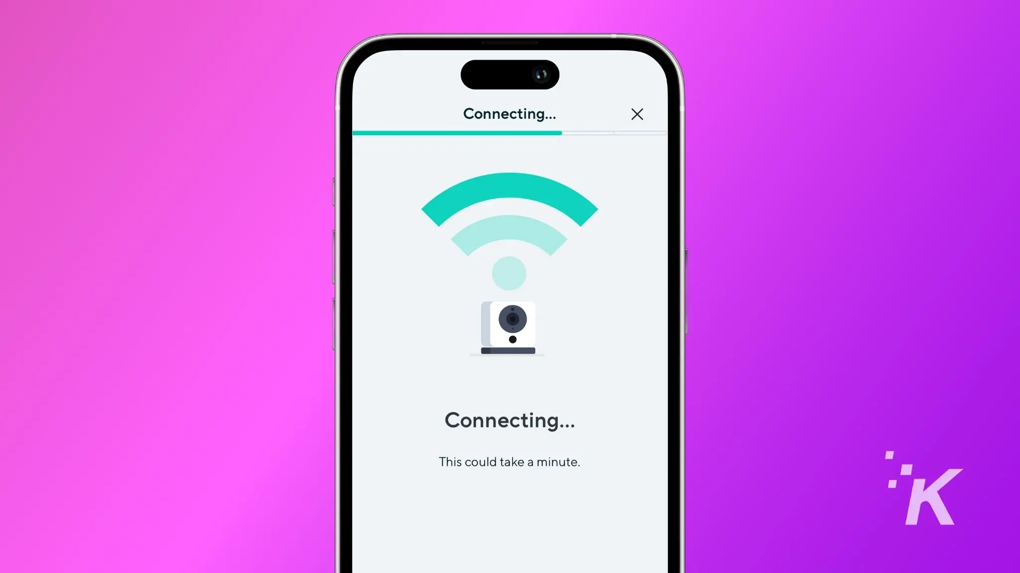 how to connect a wyze camera to wi-fi A smartphone with a purple background displaying a "connecting... " screen with a wi-fi symbol and an icon of a security camera.